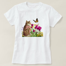 Camiseta Gato giro no Jardim Flor com Borboleta