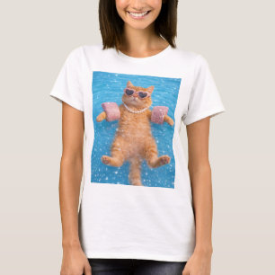 Camiseta Gato Glamouroso à Beira da Piscina Flutuando com E