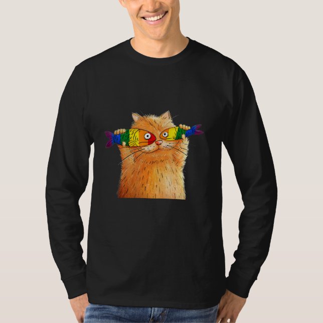 Camiseta Gato Gordo Capturando Peixes Olhos De Peixe Pet Lg (Frente)