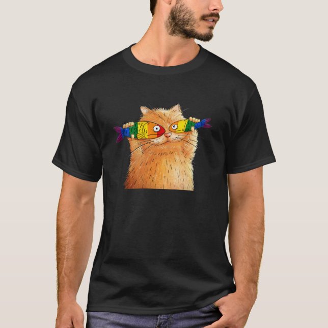 Camiseta Gato Gordo Capturando Peixes Olhos de Peixe Pet Pe (Frente)