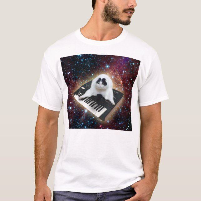 Camiseta Gato gordo do espaço do teclado (Frente)