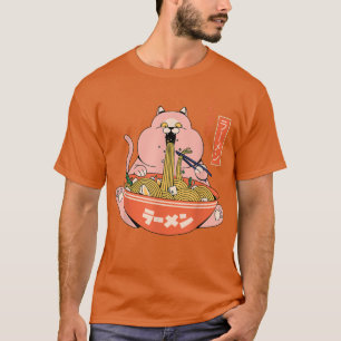 Camiseta Gato gordo e engraçado comendo Ramen Japonês Kanji