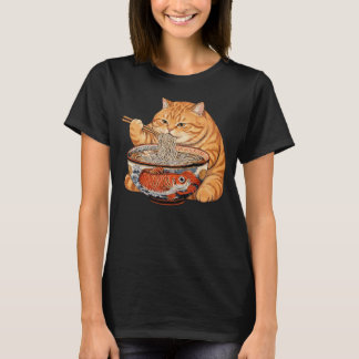 Camiseta Gato Gordo Laranja Engraçado Comendo Ramen