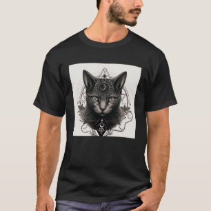 Camiseta Gato Gótico com Símbolos Wiccan e Occultos