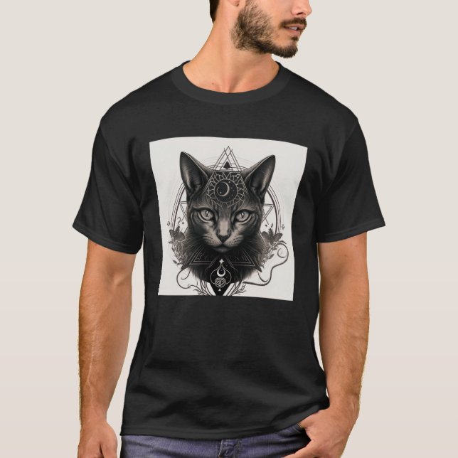 Camiseta Gato Gótico com Símbolos Wiccan e Occultos (Frente)