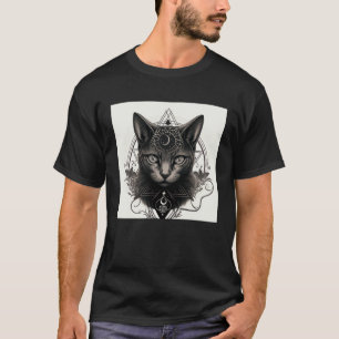 Camiseta Gato Gótico com Símbolos Wiccan e Ocultos