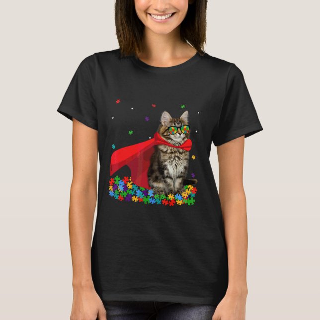 Camiseta Gato Gráfico de Consciência do Autismo legal Ameri (Frente)