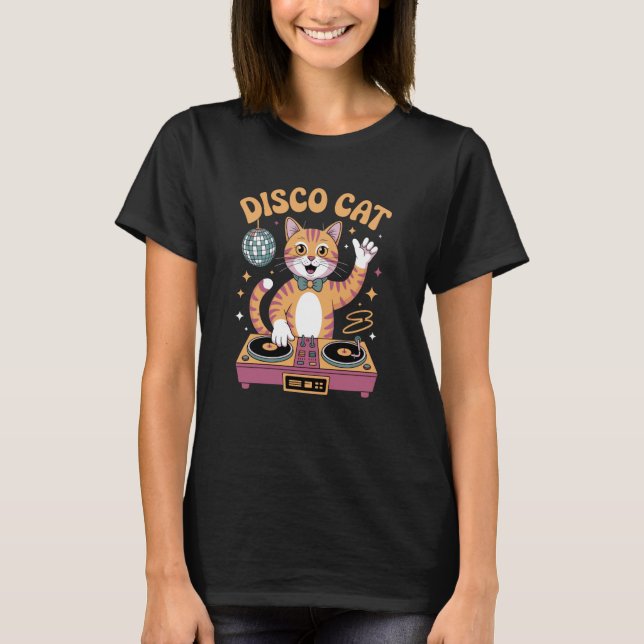 Camiseta Gato Groovy com Óculos de Sol, Bola de Disco e Mes (Frente)