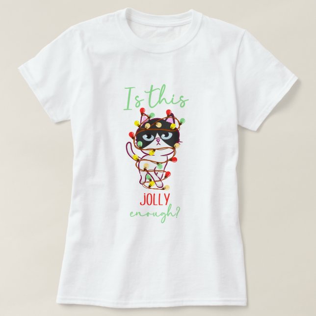 Camiseta Gato grumolento e grisalho enrolado luzes de Natal (Frente do Design)