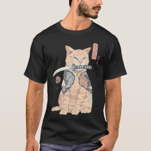 Camiseta Gato Guerreiro Samurai Kat Arte de Tatuagem