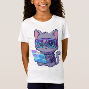 Camiseta Gato Hacker Cyberpunk Kawaii Fofo com Laptop