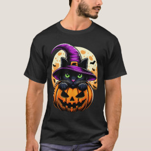 Camiseta Gato Halloween Abóbora Desempenho Gato Preto