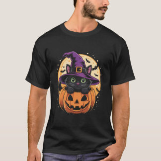 Camiseta Gato Halloween Abóbora Gato Preto Assustador Prese