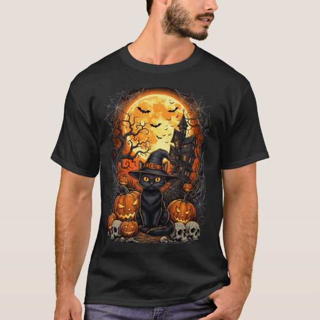Camiseta Gato Halloween Abóbora Preta Performance (Frente)