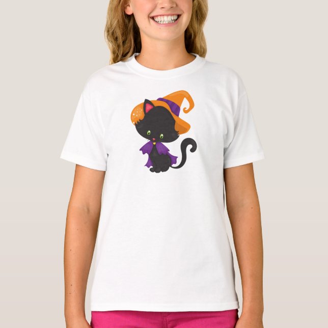 Camiseta Gato Halloween, Gato Bonito, Gato Negro, Chapéu de (Frente)