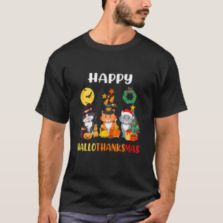 Camiseta Gato Halloween Natal Feliz Hallothanksmas Ação de 
