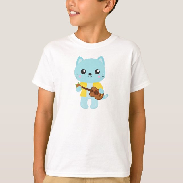 Camiseta Gato Havaí, Gato Gato Gato, Gato Azul, Violão, Lua (Frente)