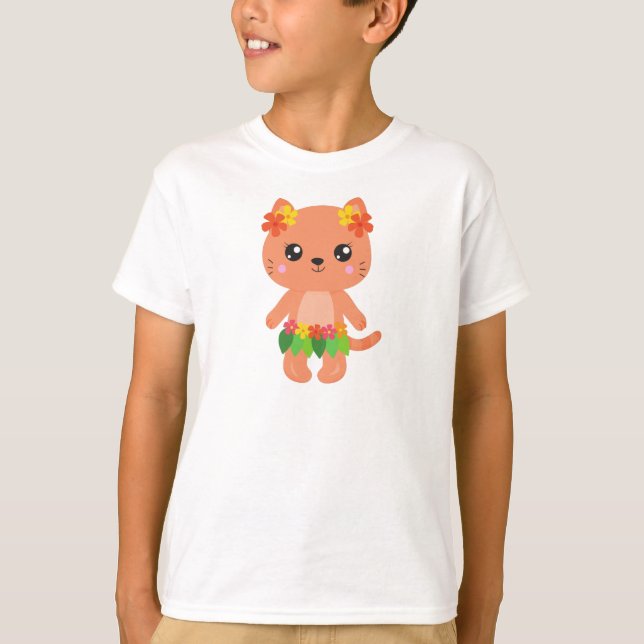 Camiseta Gato Hawaii, Gato Fofo, Gato Laranja, Flores, Luau (Frente)