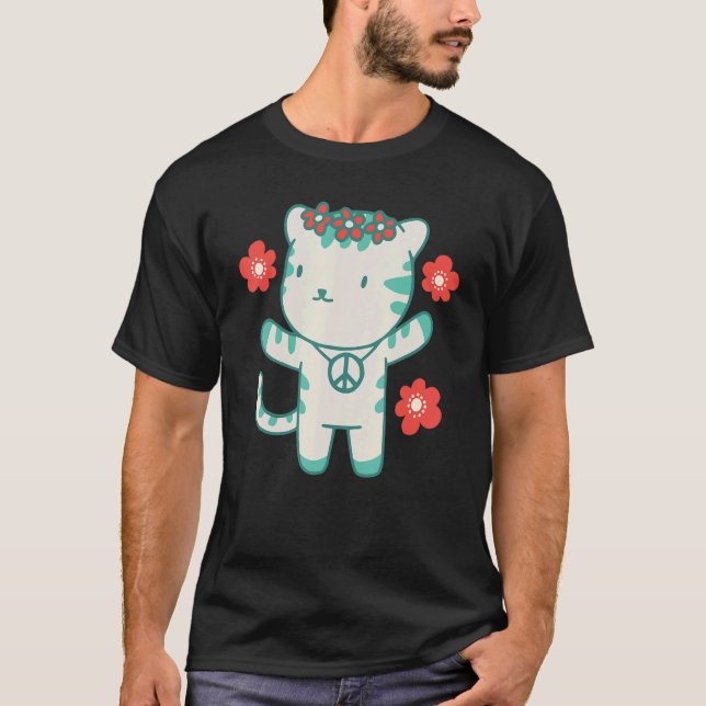 Camiseta Gato Hippie com Flores e Símbolo da Paz (Frente)