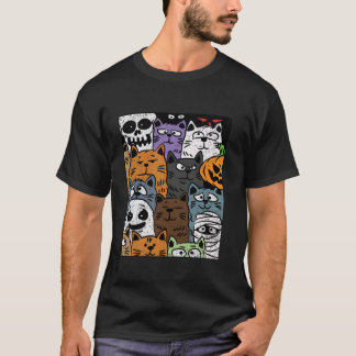 Camiseta Gato Impresso de Design de Halloween Esqueleto de
