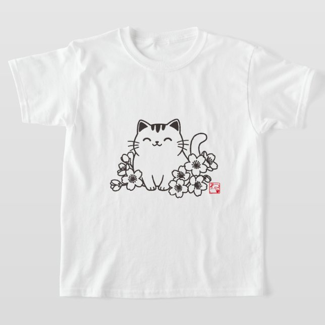 Camiseta Gato japonês bonito e Sakura com Carimbo Neko (Postura )