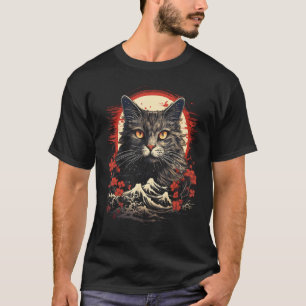 Camiseta Gato Japonês com Flores de Cerejeira e Mt Fuji
