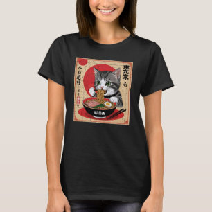 Camiseta gato japonês com olhos verdes comendo desenho de r