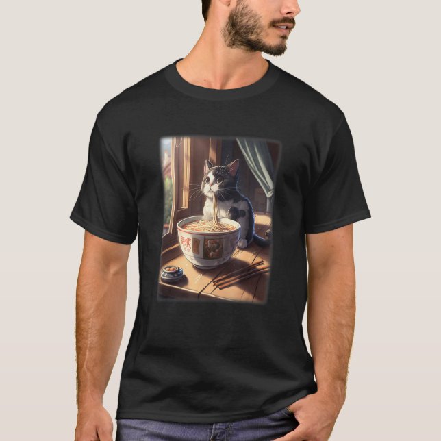 Camiseta Gato japonês comendo rêmen de tonkotsu (Frente)