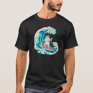 Camiseta Gato Japonês de Surf na Onda Comendo Sushi