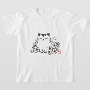 Camiseta Gato Japonês Fofo e Sakura com Carimbo "Neko"