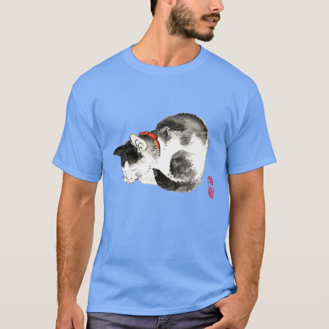 Camiseta Gato japonês preto e branco dormindo (Frente)