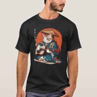 Camiseta Gato Japonês Quimono Guitarra Samurai Música Homen
