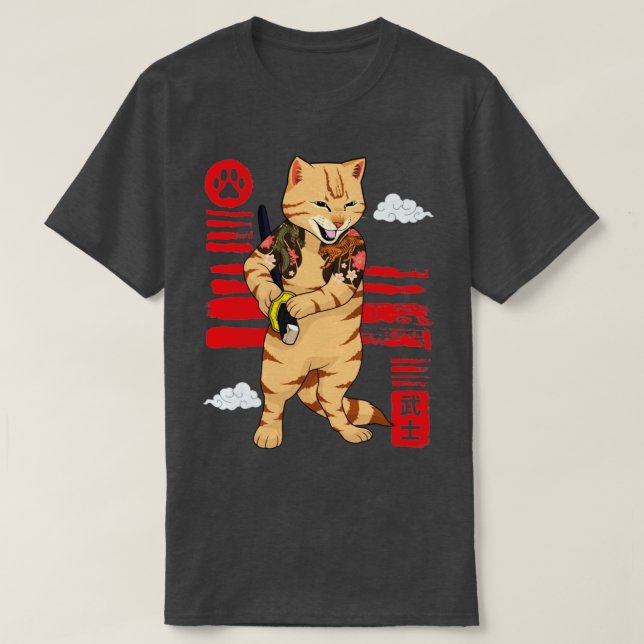 Camiseta Gato Japonês Samurai Kaiju Gueror Ronin Bushido K (Frente do Design)