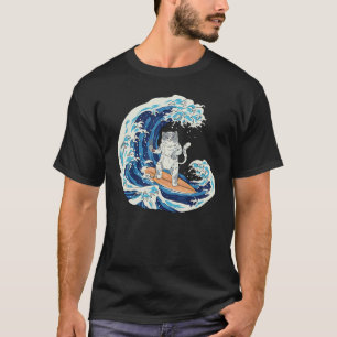 Camiseta Gato Japonês Surfando Onda Comendo Sushi