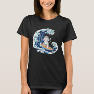 Camiseta Gato Japonês Surfando uma Onda Praia Oceano Mar Le
