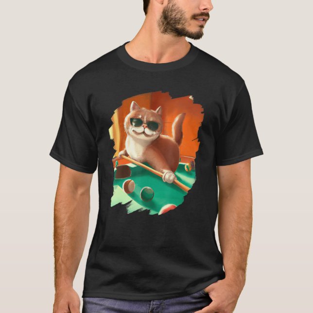 Camiseta Gato Jogando Piscina Bilhar em Gatos Legal de Salã (Frente)
