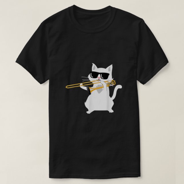Camiseta Gato Jogando Trombone Clássico (Frente do Design)