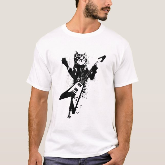 Camiseta Gato Jogando Voando V Guitarra Musgo Cat Lover (Frente)