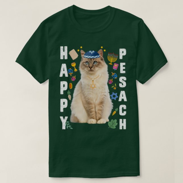 Camiseta Gato Judeu Kippah Feliz Pesach Matzah Passover Hol (Frente do Design)