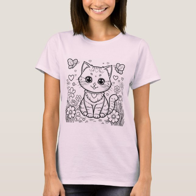 Camiseta Gato Kawaii Adorável - Design T-Shirt Gatinho (Frente)