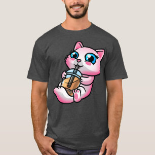Camiseta Gato Kawaii Bebendo Bolha Chá Leite Boba Homens Mu