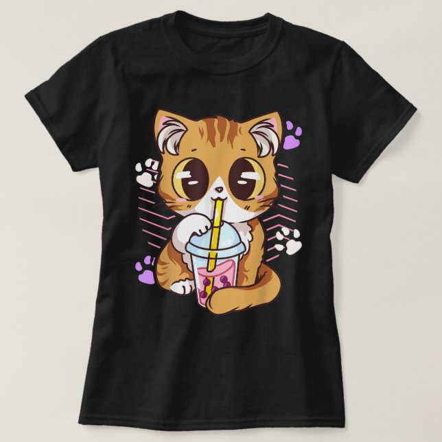 Camiseta Gato Kawaii Bebendo Chá Boba (Frente do Design)