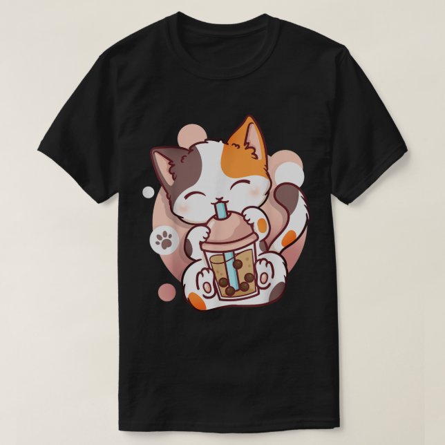 Camiseta Gato Kawaii Bebendo Chá Bubble Tea (Frente do Design)