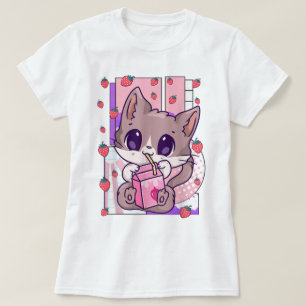 Camiseta Gato Kawaii Bebendo Leite de Morango