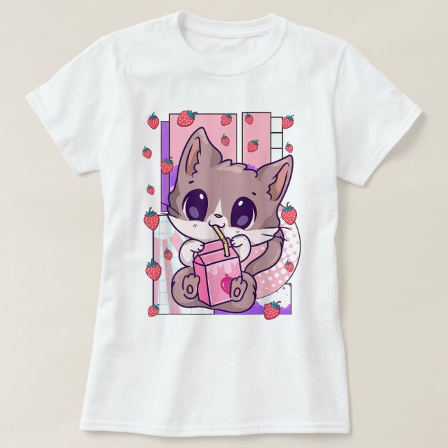 Camiseta Gato Kawaii Bebendo Leite de Morango (Frente do Design)
