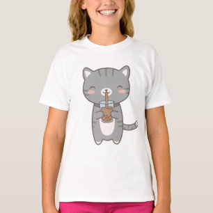 Camiseta Gato Kawaii Boba Chá de Leite Gatinho Cinzento Fof