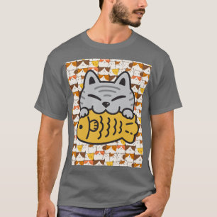 Camiseta Gato Kawaii Bonito Abraçando Peixes - Gatinho Engr