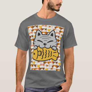 Camiseta Gato Kawaii Bonito Abraçando Peixes - Gatinho Engr