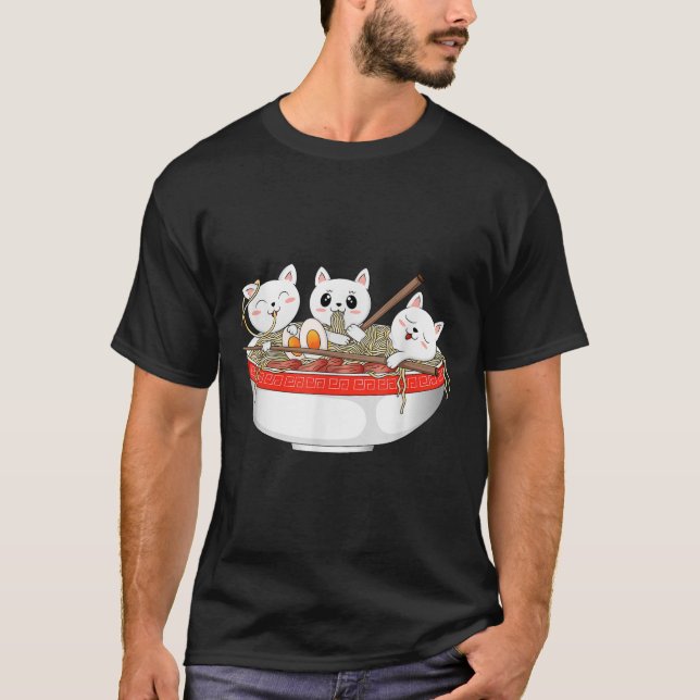Camiseta Gato Kawaii Cata Ramen Noodles Anime Gato Japonês (Frente)