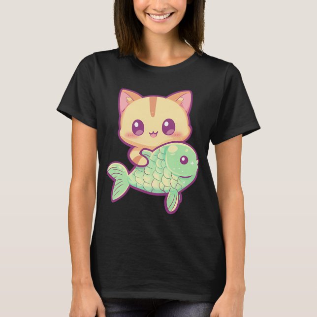 Camiseta Gato kawaii com peixe (Frente)